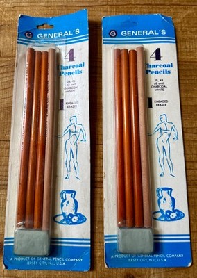 Ends 6/30 (2) pkgs Vintage 4 EACH **CHARCOAL, WHITE Pencils + Kneaded ERASER NEW