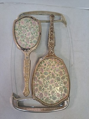 Vintage Kosmetik Set Spiegelbürste & Glas Tablett Floral Goldfarben Schminktisch