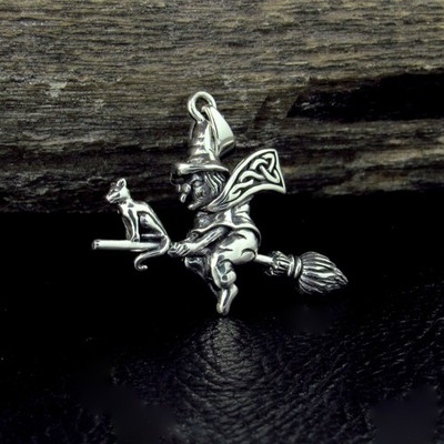 Solid 925 Sterling Silver Flying Witch on Broom w/ Cat Familiar Gothic Pendant