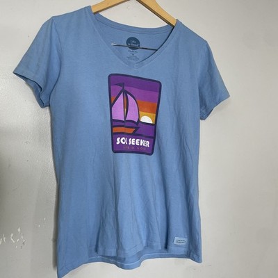 Life is Good Short Sleeved Crusher V Neck Tee Shirt Women s M Sail Boat Sailing