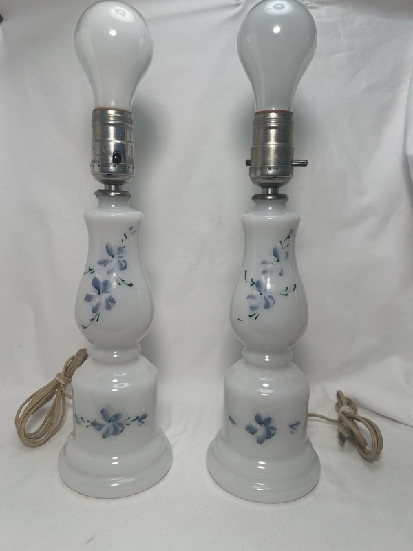 Vintage Pair of  Milk Glass Table Lamps 12”Blue Floral MCM WORKING