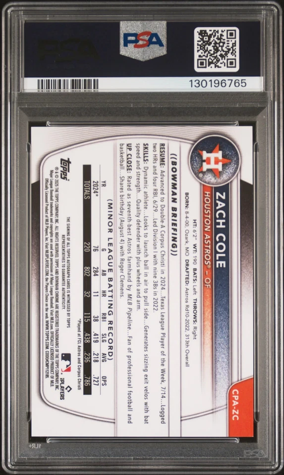 2025 Bowman Chrome Prospect Autographs Zach Cole #CPAZC Yellow 57/75 PSA 9 POP 1 - Image 2 of 2