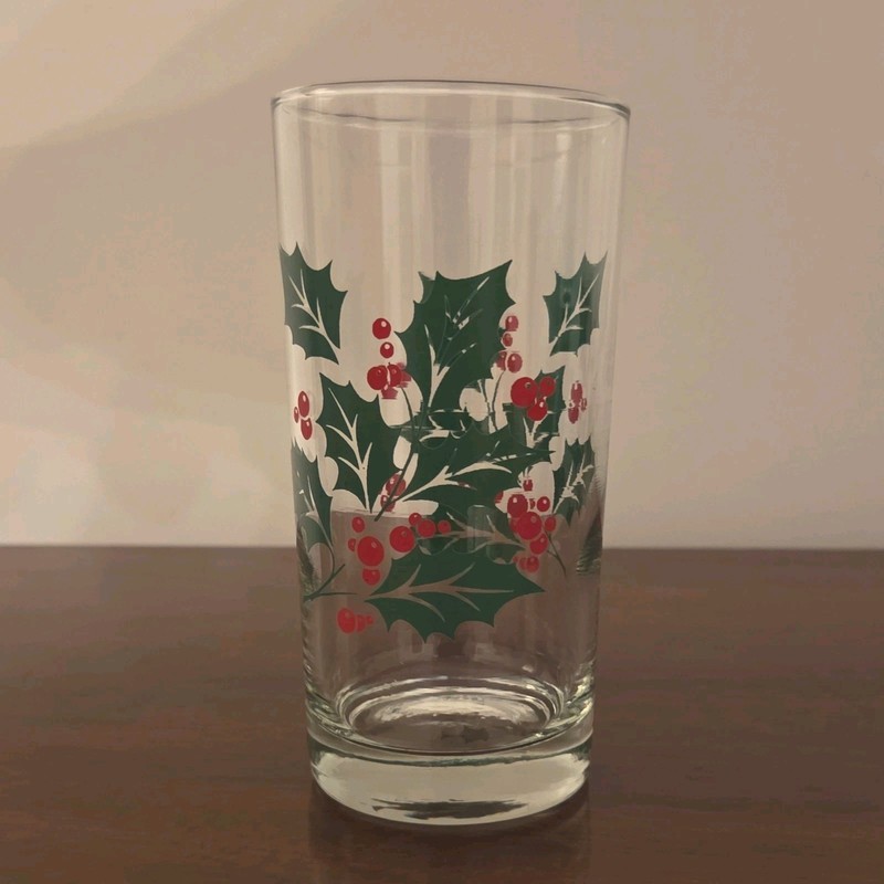 15-Vintage Clear Glass Holly Leaves & Red Berries Christmas Decorated Tumbler