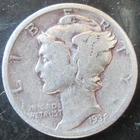 1938-P MERCURY DIME, 90% SILVER , VG/F CONDITION, HEAVY WEAR, CIRCULATED