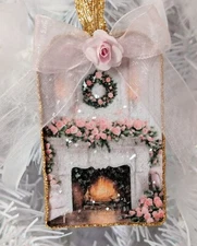 Shabby Chic Victorian Christmas Tree Pink Roses Decoupage Glass Glitter Ornament