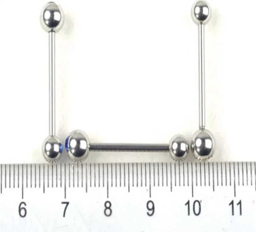 (Paquete de 2) Barbells anillo lengua acero quirúrgico circonita cúbica diamantes de imitación 14G azul océano Foto 3 de 4