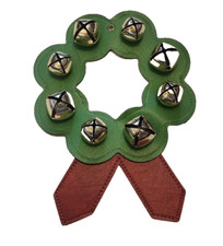 Colored LEATHER Jingle Bell wreath. 8 bells. 10" Door or wall decor. Easy clean 