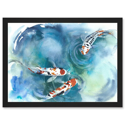 Japanische Koi Fische oberflächennah Teich weiß schwarz orange gerahmt A3 Wandkunstdruck