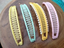 Vtg Plastic banana clips lot 80s 90s Hair Clip lot pastel pearl pink teal yellow