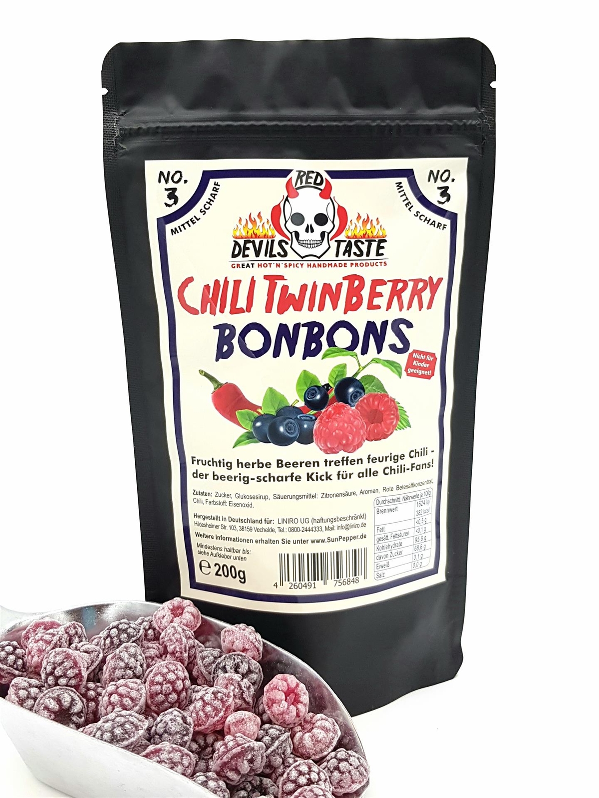 No.03 Chili TwinBerry Bonbon - Blaubeere und Himbeere - scharf - 200 Gramm