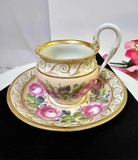 RARE Antique KPM Royal Berlin Cup & Saucer Pink Rose Swan Handle porcelain- READ