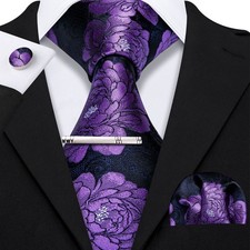 Royal Purple Flower Necktie Mens Tie  Hankie  Cufflinks  Tie Pin Set Gift