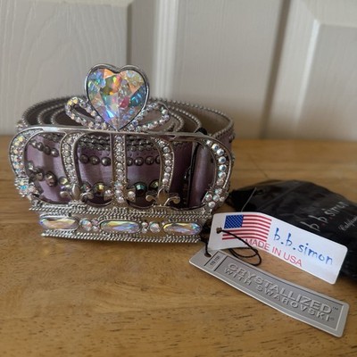 b.b. simon Vintage Women s Leather Swarovski Crystal Crown Belt sz 40