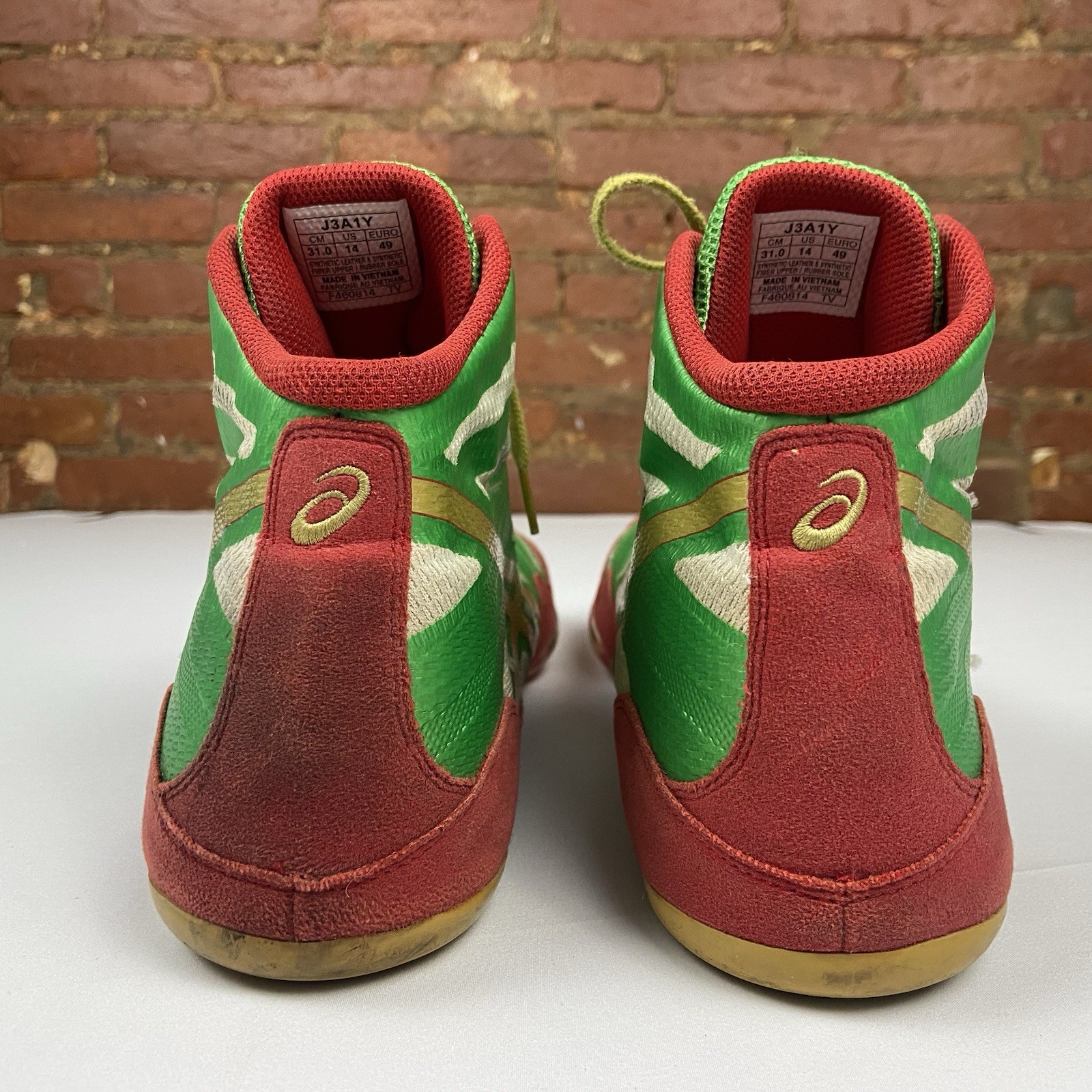 Rare ASICS JB Elite Wrestling Shoes J3A1Y Jordan Burroughs Green/Red/Gold Sz 14 thumbnail 8