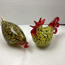 Murano Style hand-Blown Italian Glass Yellow Speckled Rooster Hen Set