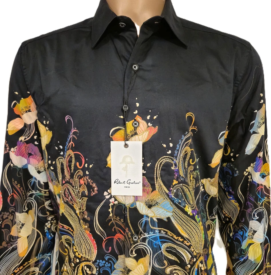 NWT ROBERT GRAHAM JACOBS COTTON SHIRT BLACK BASED FLORAL BEADED EMBROIDERY - Image 3 of 4