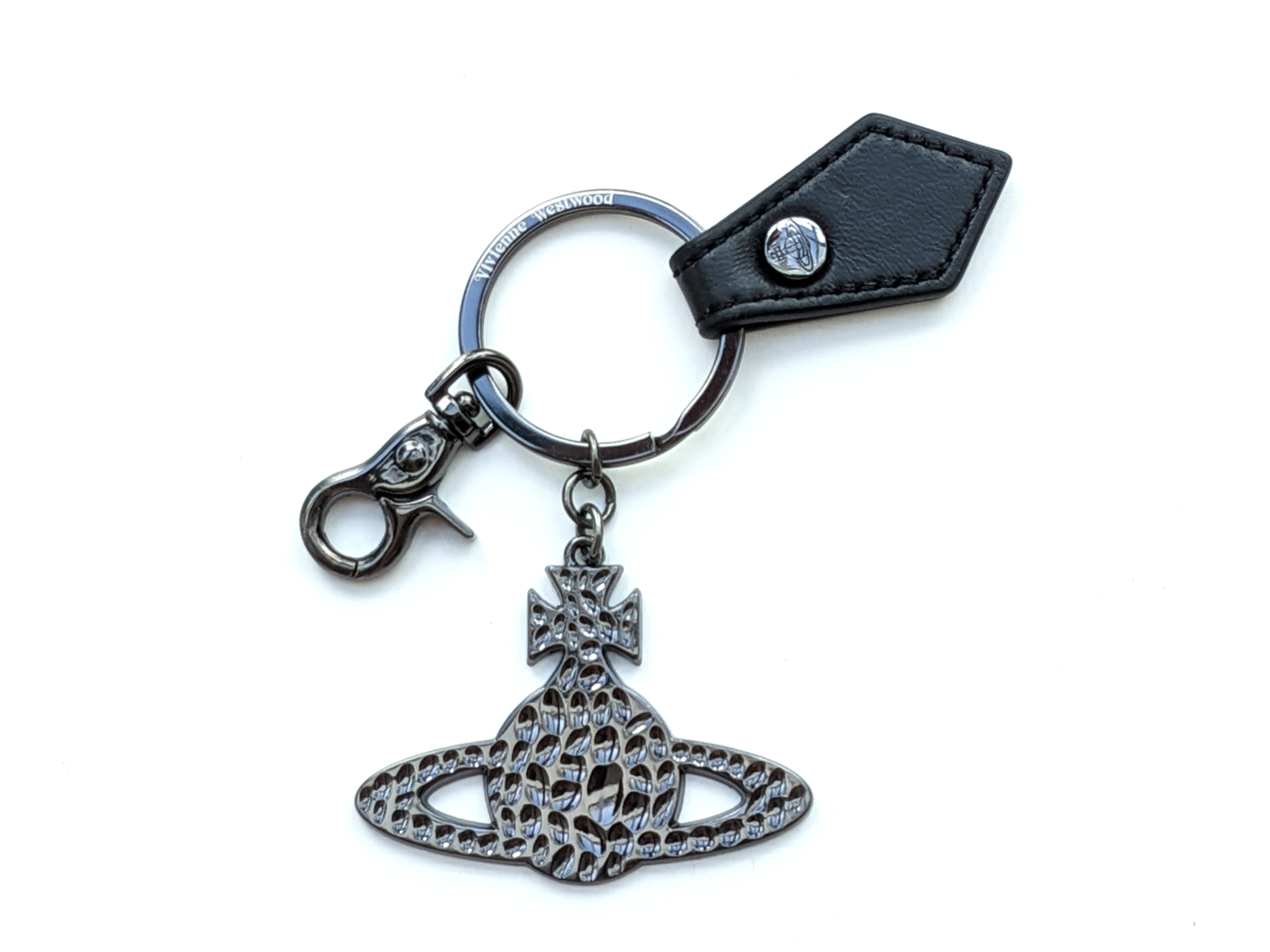 Vivienne Westwood Orb Hammered Gunmetal Leather Keyring BNWT Official