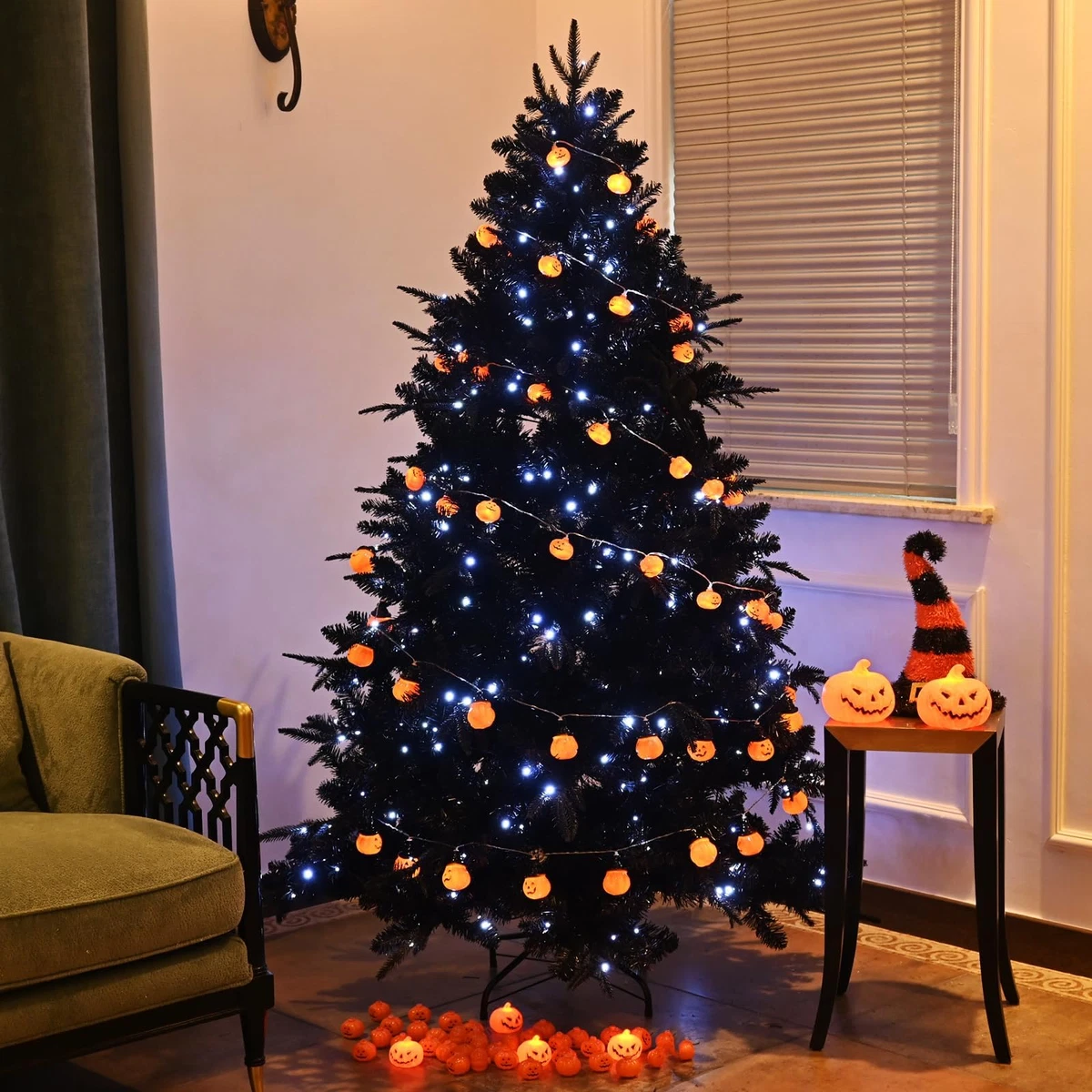 Árbol De Halloween Negro De 7 Pies, árbol De Navidad Artificial Preiluminado De Halloween Con 300 Luces LED Y 1080 Ramas Flexibles Para Decoración De Halloween, Navidad, Acción De Gracias (negro