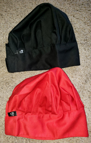 2 CHEF HATS COOK BAKER RED BLACK ONE SIZE FITS MOST super condition! clean!