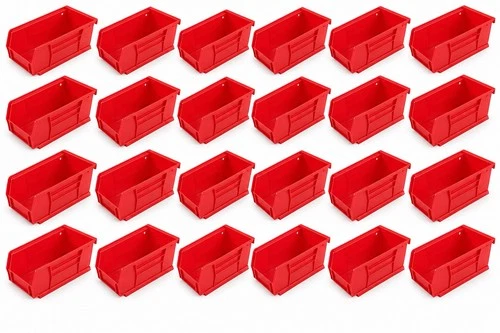 Lot of 24 ULINE S-12414R Red Plastic Stackable Storage Bins 7.5" x 4" x 3"