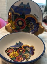 Laural Burch Blue Cat set Plate & Bowl. Pre-Loved (plate 5.25 in, bowl 5 X 2 in)