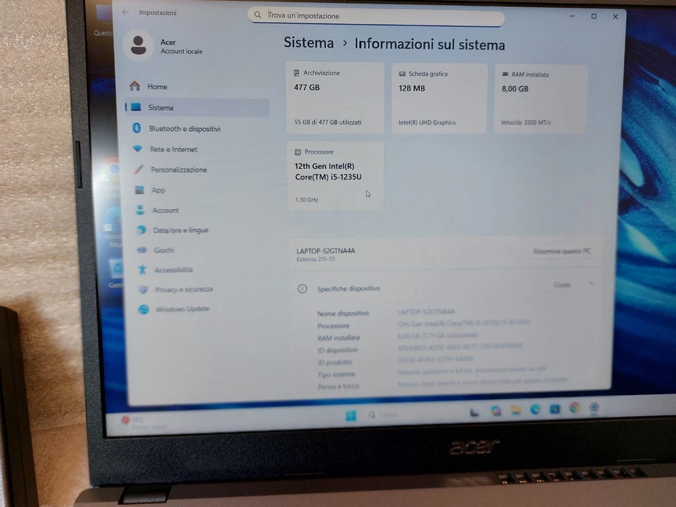 Acer Notebook 15,6" Extensa 215-55 ( Intel Core i5 1235U 8GB 512GB ) - Ottimo - Immagine 3 di 4