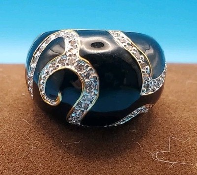 ADI Sterling Silver 925 Dome Ring Black Enamel And Cubic Zirconia Accents Size 9