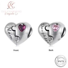 Mom & Daughter Heart Charm Genuine 925 Sterling Silver - Mum / Daughter Birthday