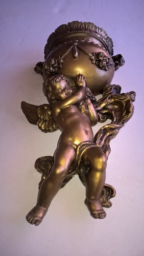 Renaissance Baroque Style Wall Art Urn Vase 14" Cherub Cupid Gold Tone Sculpture - Picture 7 of 12