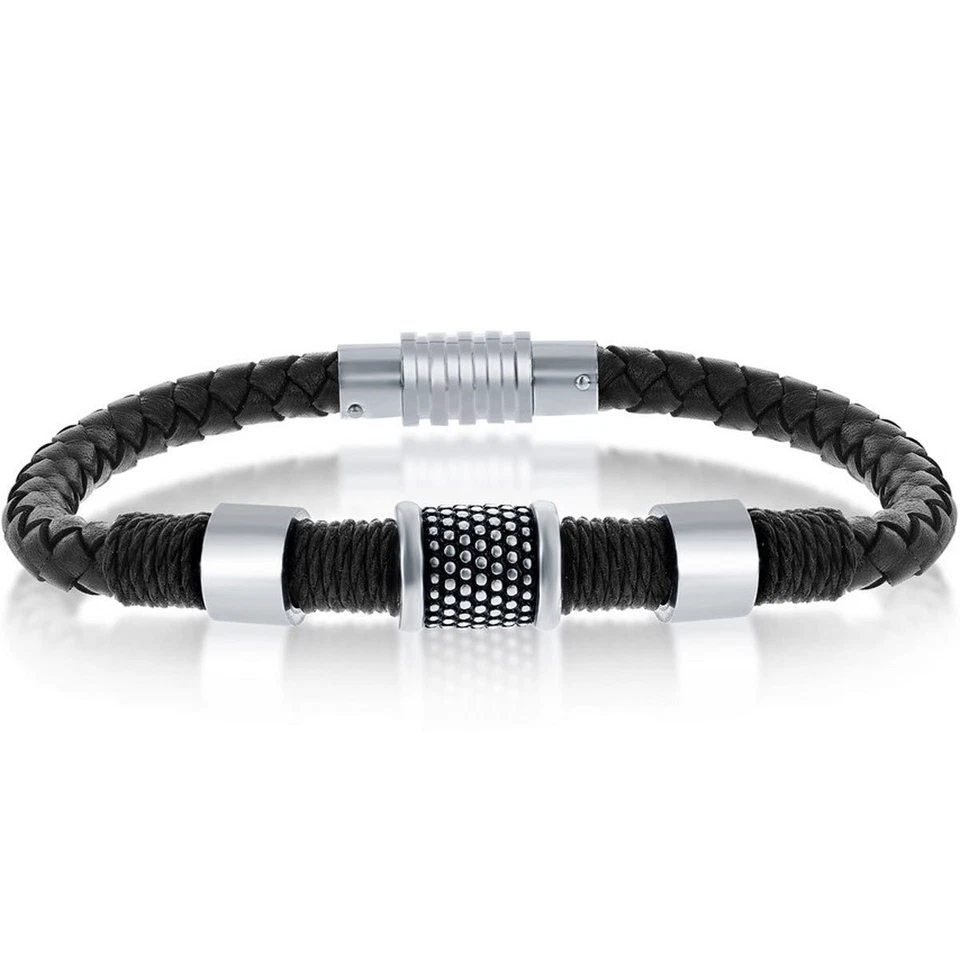 Pulsera Hombre Acero Inoxidable Cuerda Oxidada Diseño Cuero ST-1622