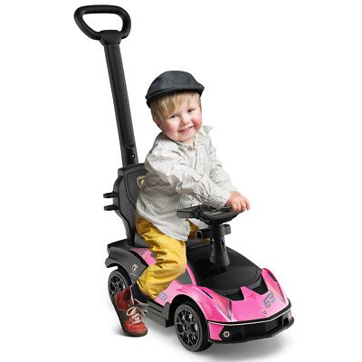 3-in-1 Stroller Sliding Car Licensed Lamborghini Ride on Push Car w/ Sound Pink