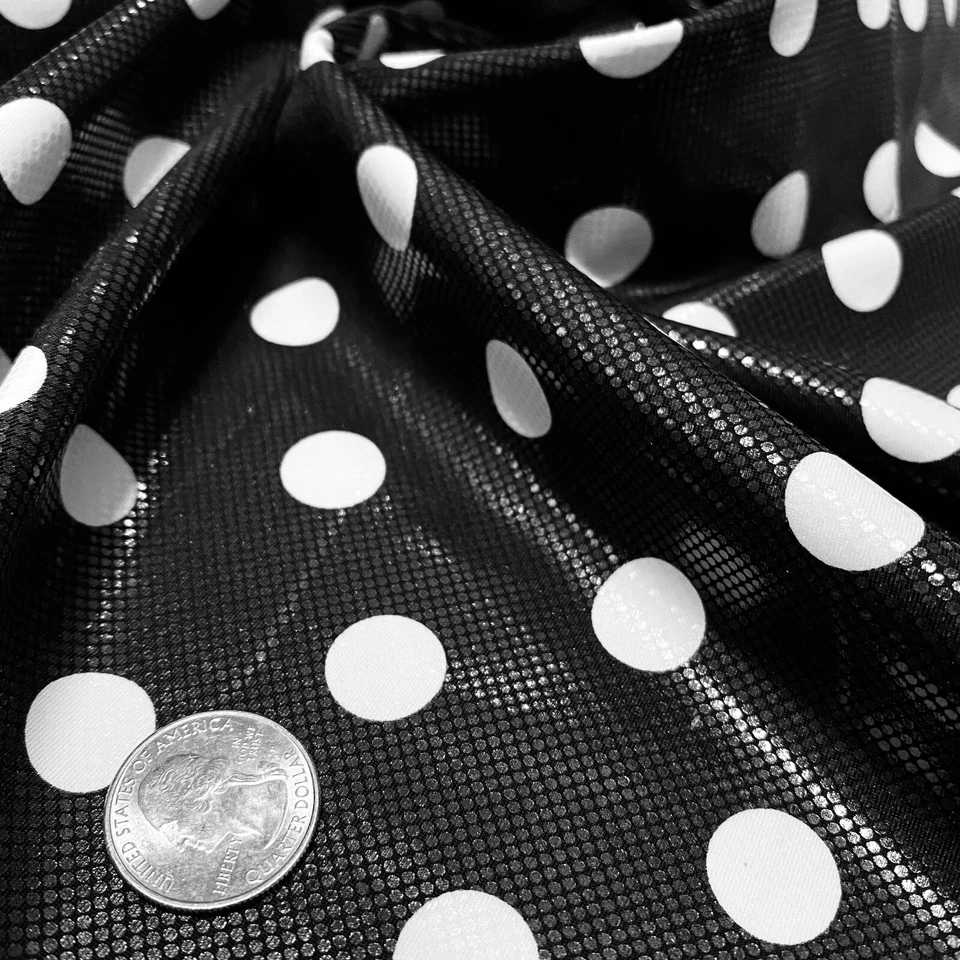 4 Way Stretch Fabric Spandex Black and White Polka Dot Metallic by Yard - Image 2 of 4