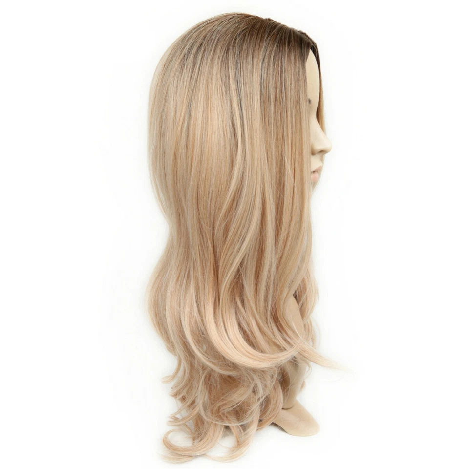 Peluca rubia rizada larga ondulada ombre raíz marrón oscuro a dorado para mujer cabello sintético Foto 3 de 4