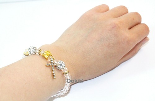 Gold Crystal Cross Rhinestone Rosary Bracelet Christian Catholic Baptism Favor - Picture 2 of 3