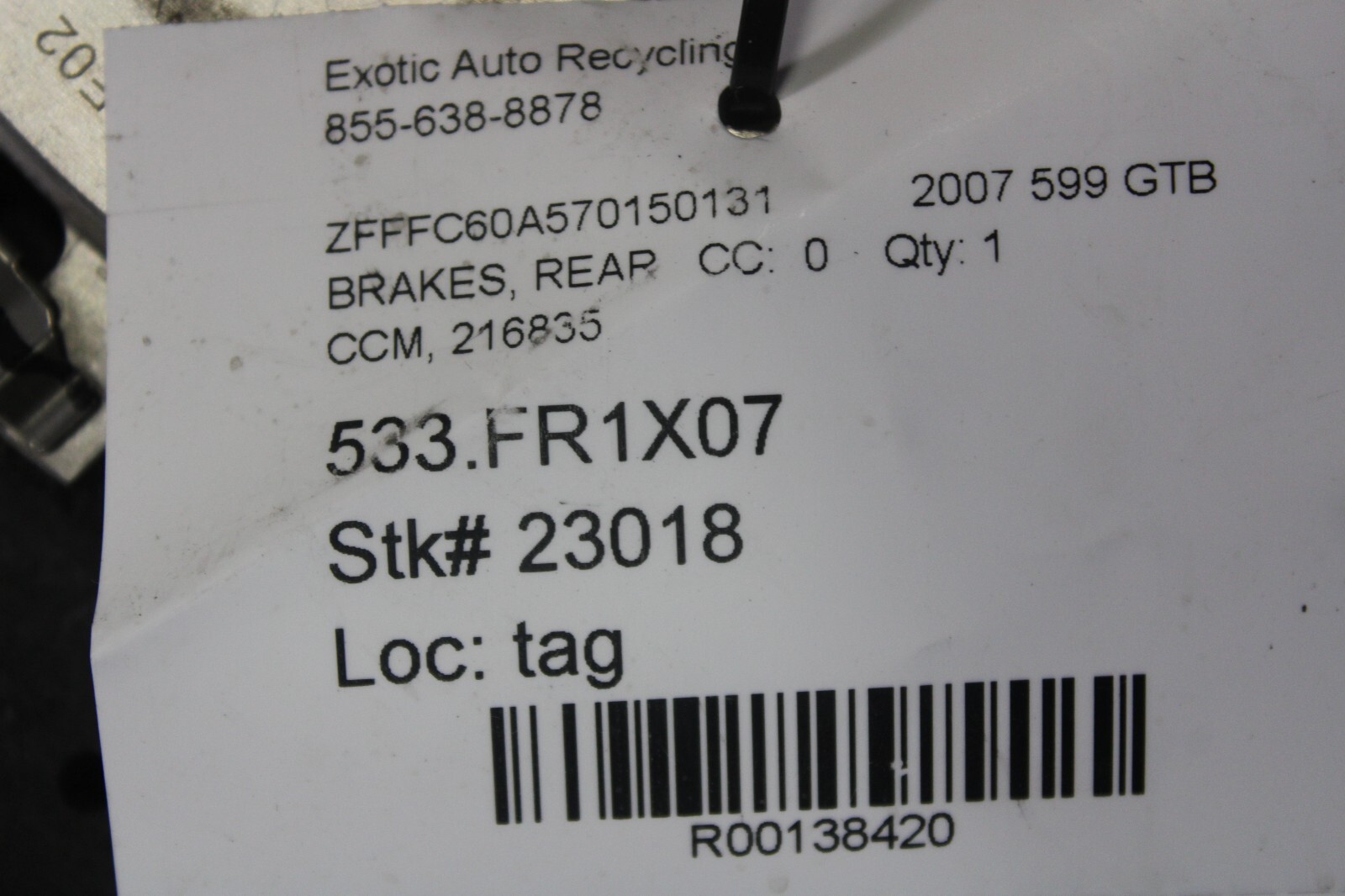 Ferrari 599, 612, Rear CCM Carbon Brake Rotor, Used, P/N 216835