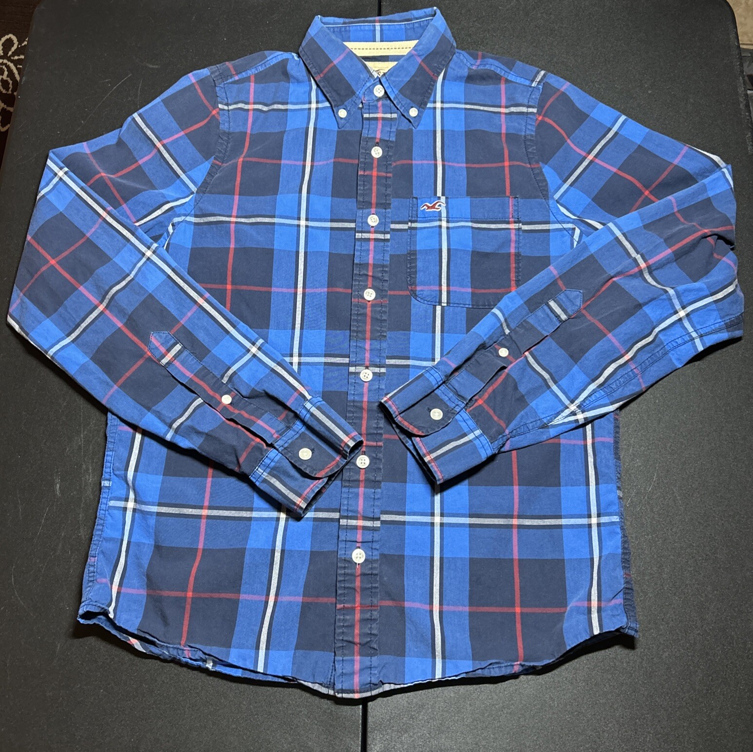 Hollister Men’s Size Large Blue Plaid Cotton Long Sleeve Button Shirt Pocket