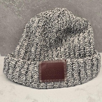 Love Your Melon Black & White Marled Knit Beanie With Brown Leather Patch