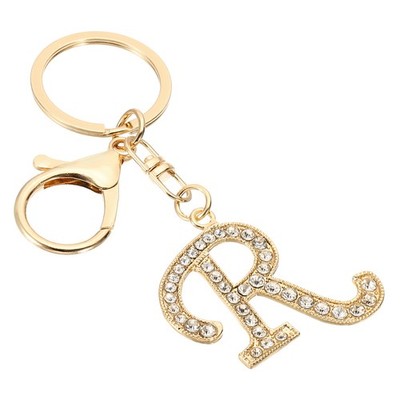 Initial Letter Keychain, Letter R Charm with Crystal Diamonds Cute Gold Tone