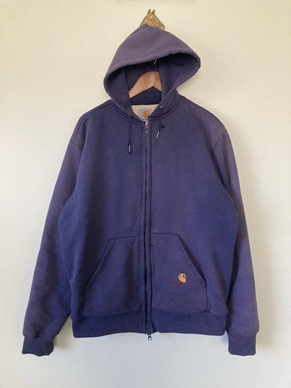 Vintage 90s Carhartt Thermal Lined Waffle Zip Up Hoodie Navy Blue Size LG? Worn