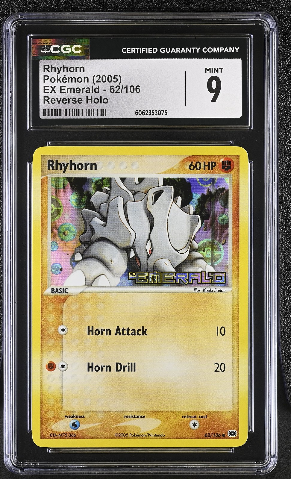 CGC 9 MINT Rhyhorn 2005 EX Emerald 62/106 Reverse Holo STAMPED Pokemon Card