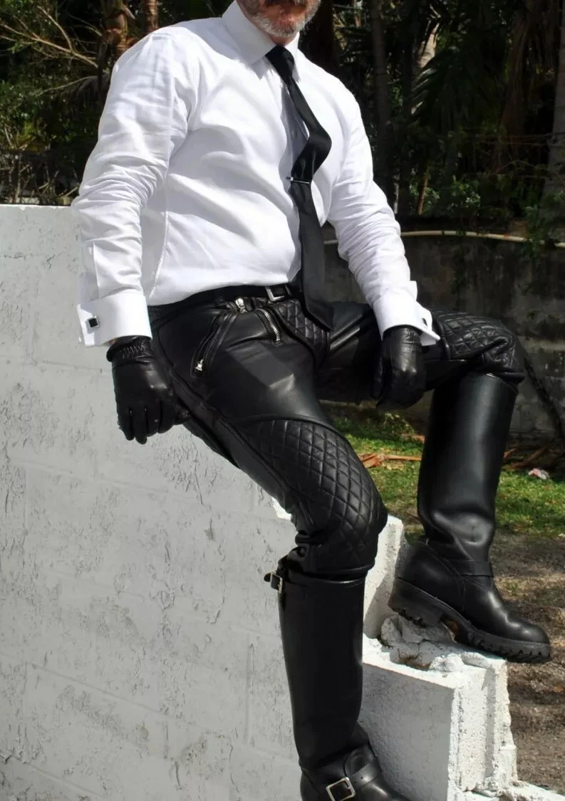 Men's Genuine Black Leather Quilted Panels Carpenter Pants Bikers Pants