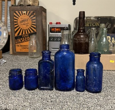 6 Antique 1920s Era Cobalt Blue Bottles Bromo Seltzer Vick s Everlasting Blk Dye