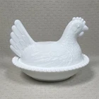 White Milk Glass Hen on Nest Covered Dish, Beaded Edge, Oval, Vintage Farm