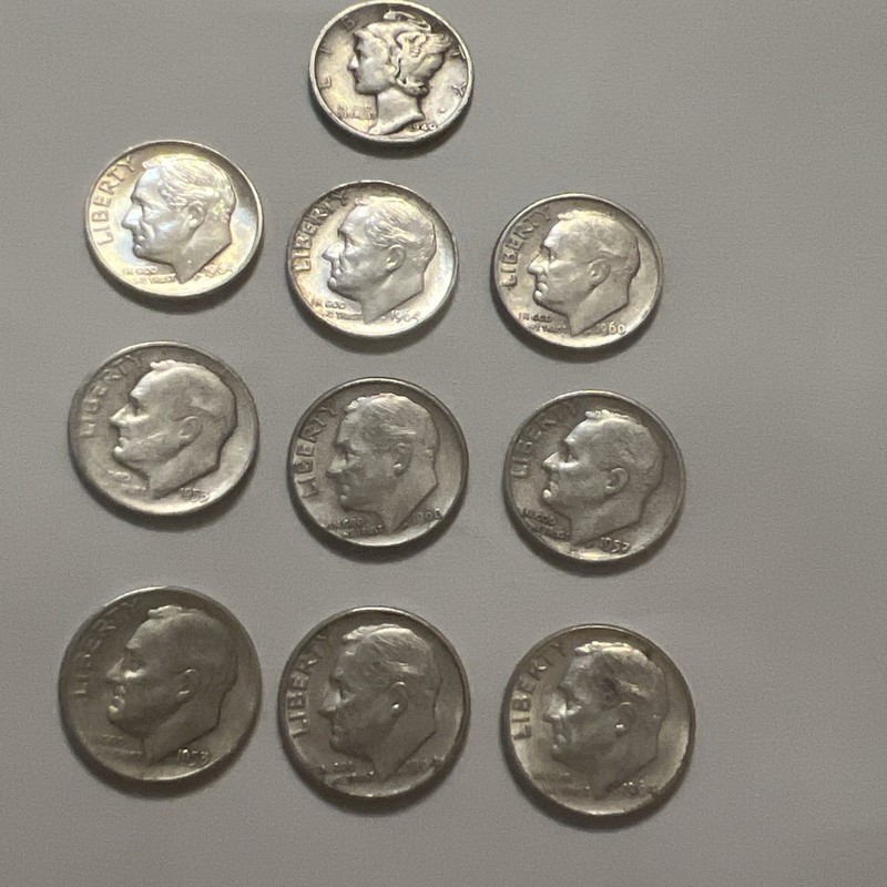 10 - Silver Dimes 1 Mercury And 9 Roosevelt 90% Dime  10 Cents Lot Collection