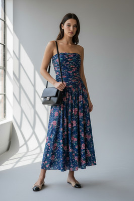 Jane Schaffhausen BELLE FRANCE Dress Strapless 4 Floral Vtg 50s does 80s Pleated