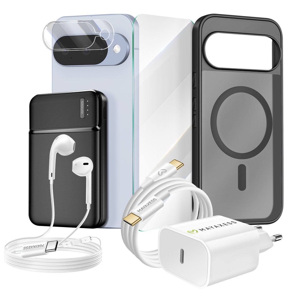 Kit accessoires Pixel 10 haut de gamme avec coque transparente et verre de protection