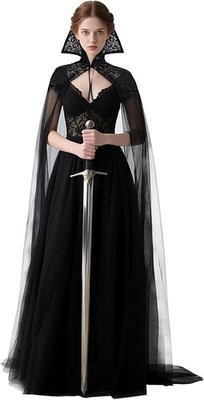 Black Vampire Cloak with Lace Collar Women Standinng Collar Long Tulle Cape Goth