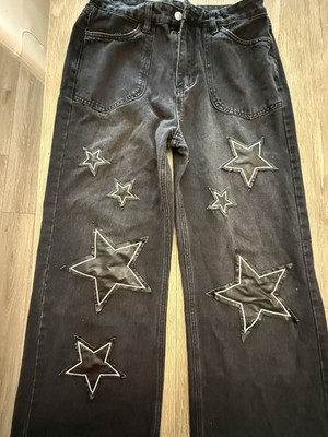 Women's Black Dark Wash Denim Jeans Star Embroidered 5-Pocket Design