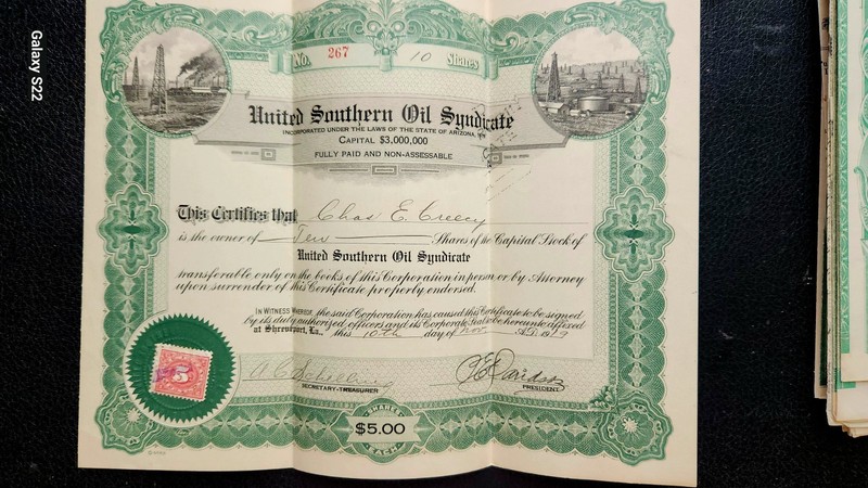 1919 United Southern Oil Syndicate Arizona Shares~Stock Scripophily