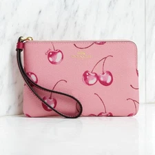 Coach Corner Zip Wristlet With Cherry Print in Pink CR819